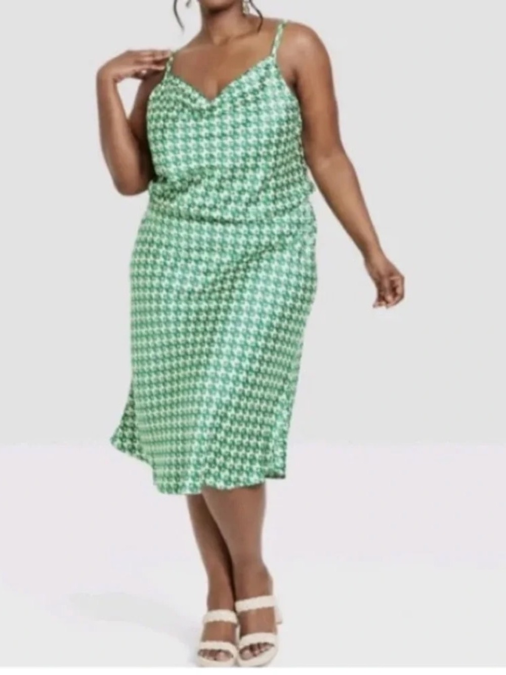 Ava & Viv Green and White Geometric Satin Slip Dress